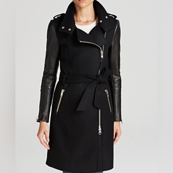 Mackage Dale Black Trench Coat with Leather Sleeves - Picture 2 of 16